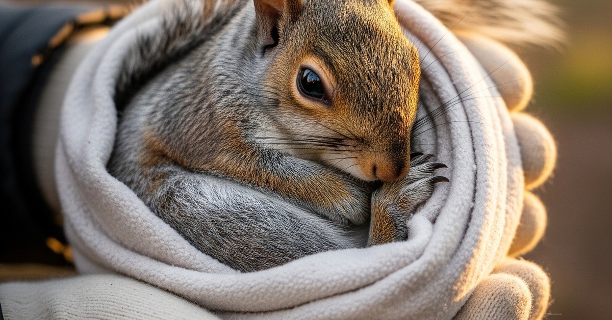 Close-up of a juvenile squirrel nestled in warm human hands outdoors