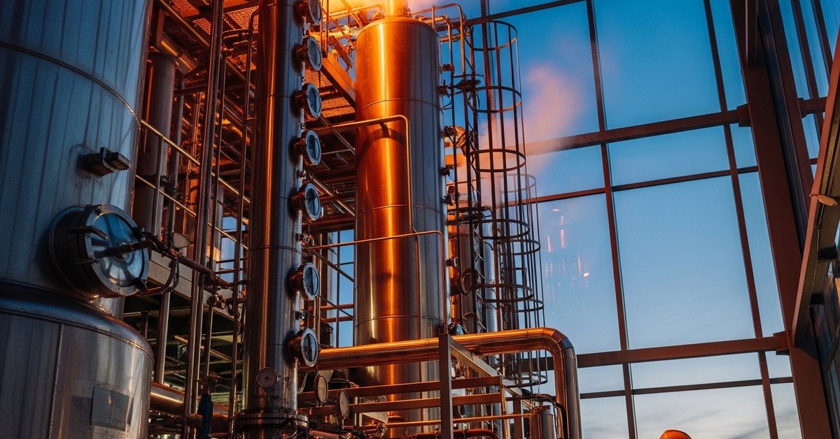 Industrial biofuel refinery processing waste cooking oil into sustainable aviation fuel at dusk
