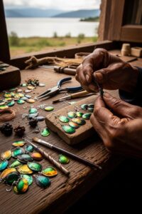 Tanzanian woman crafting iridescent fish scale earrings at a wooden workbench by a lake