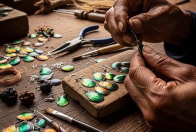 Tanzanian woman crafting iridescent fish scale earrings at a wooden workbench by a lake