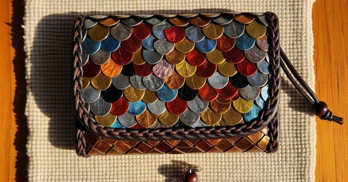 Colorful dyed fish scale jewelry pieces displayed on natural woven fabric in Tanzania