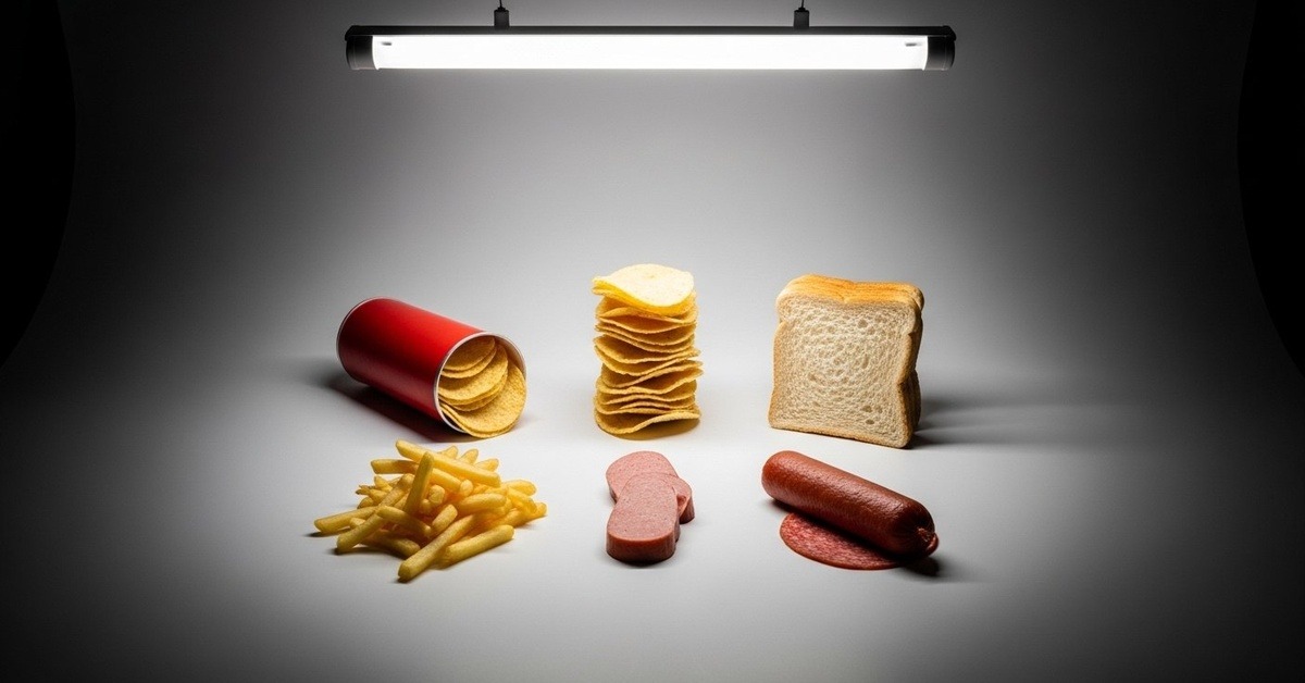 Pile of ultra-processed junk food including chips white bread and processed meat on a clinical surface