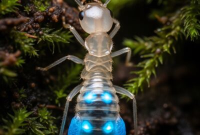 Close-up of a Neocapritermes taracua worker termite showing blue toxic glands on its body