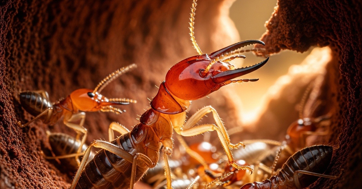 Macro photograph of a termite colony tunnel with soldier termites defending the entrance