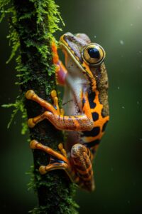 Tiger leg tree frog gripping a rainforest branch with orange and black striped legs