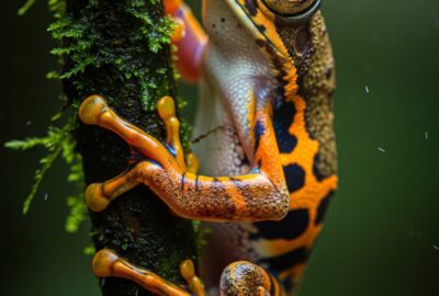 Tiger leg tree frog gripping a rainforest branch with orange and black striped legs