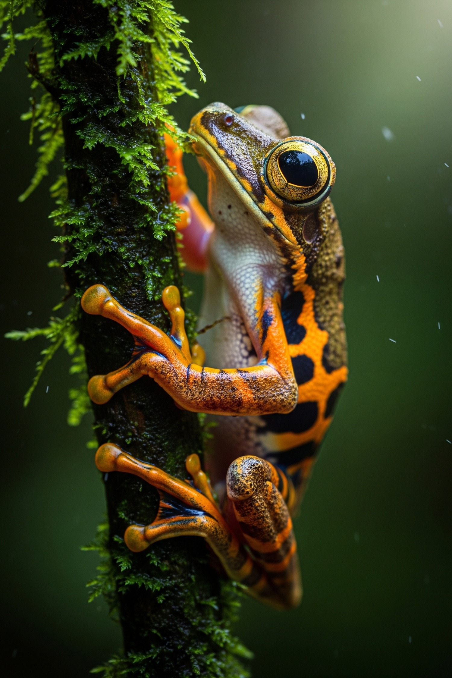 Tiger leg tree frog gripping a rainforest branch with orange and black striped legs
