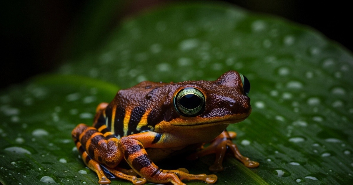 Close-up of Callimedusa tomopterna resting on a broad green leaf at night
