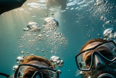 Vast open ocean at dusk near the Great Barrier Reef, lone diver surface distant