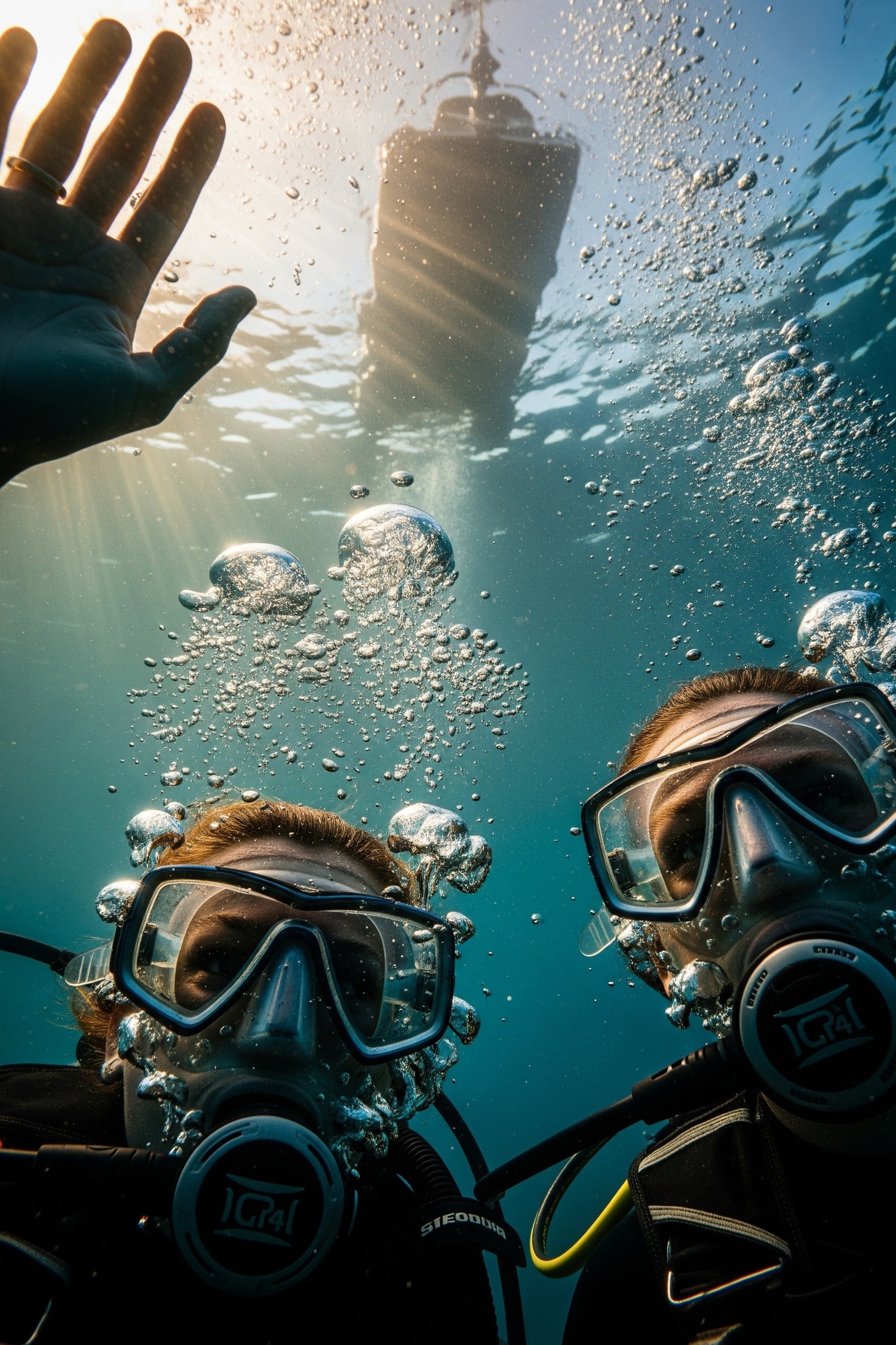 Vast open ocean at dusk near the Great Barrier Reef, lone diver surface distant