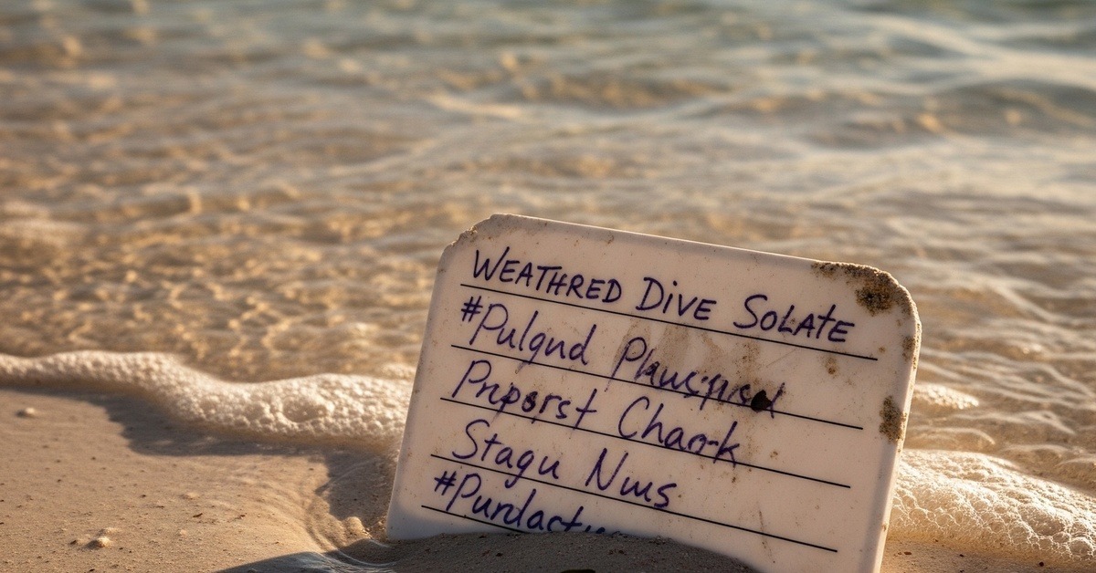 Handwritten dive slate message washed ashore on a remote coral reef beach