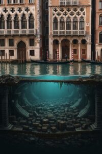 Cross-section illustration of Venice canals above ancient wooden piles driven deep into lagoon clay