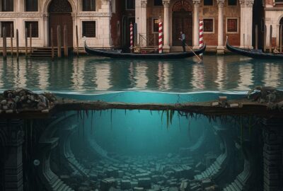 Cross-section illustration of Venice canals above ancient wooden piles driven deep into lagoon clay