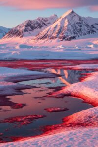 Vivid pink and red watermelon snow covering an Arctic alpine snowfield at high altitude