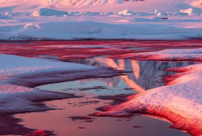 Vivid pink and red watermelon snow covering an Arctic alpine snowfield at high altitude