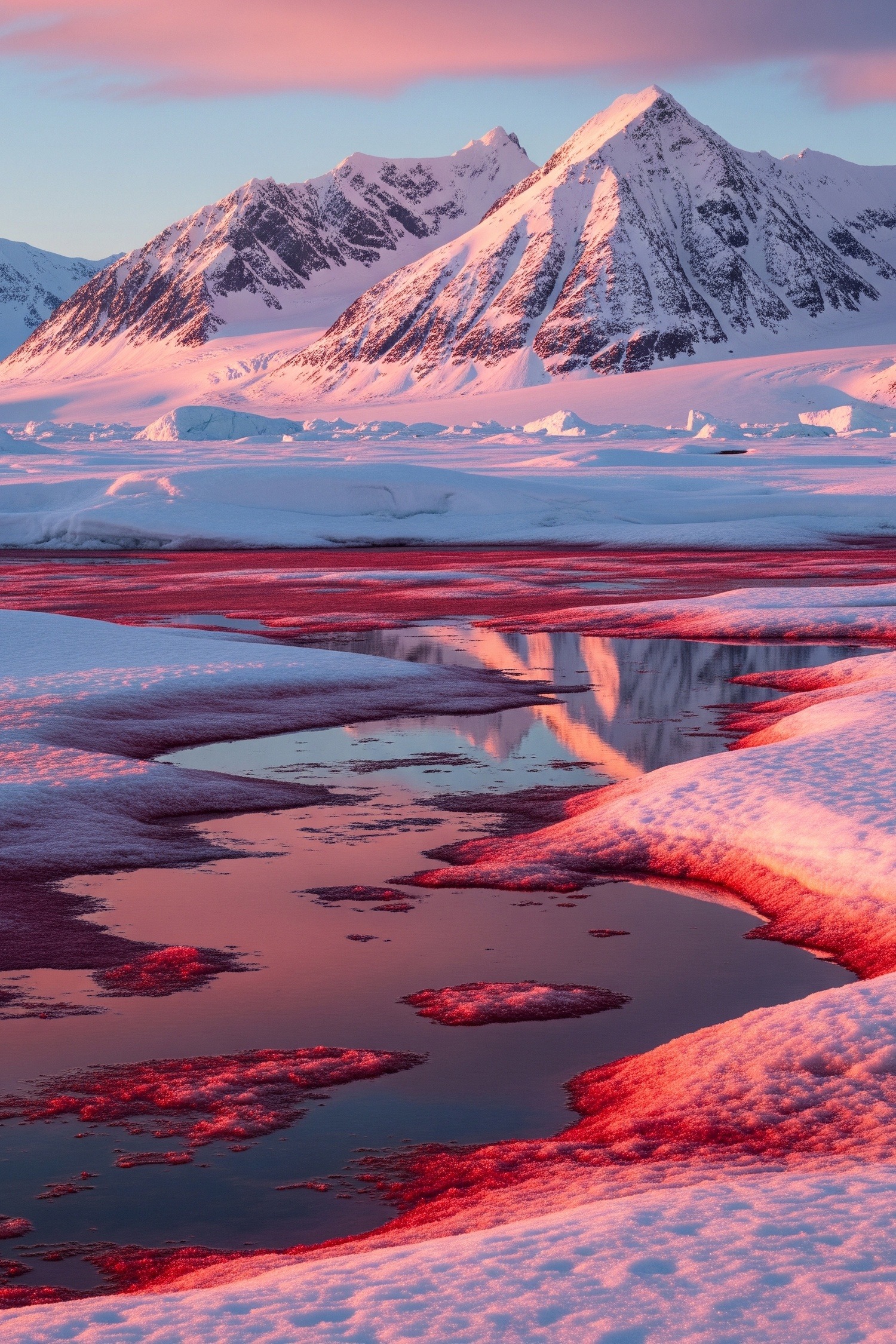 Vivid pink and red watermelon snow covering an Arctic alpine snowfield at high altitude