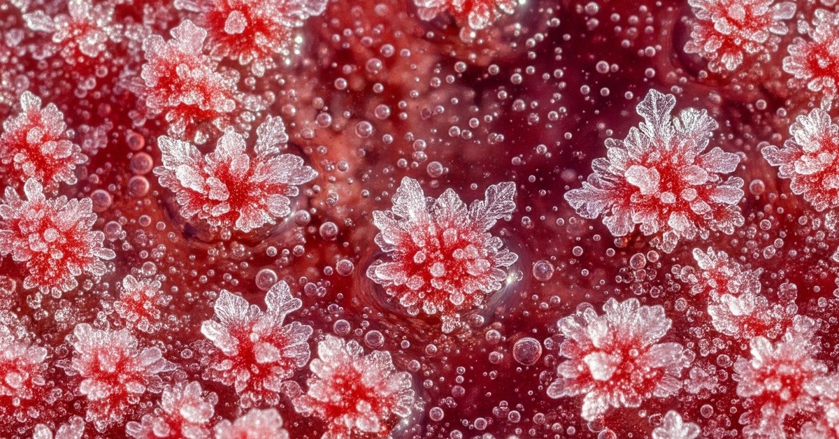Close-up of crimson snow algae bloom spreading across a melting glacial surface