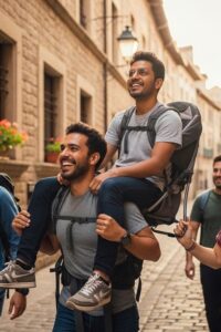 Man carried in custom backpack by friend through ancient cobblestone street abroad