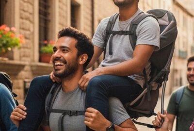 Man carried in custom backpack by friend through ancient cobblestone street abroad