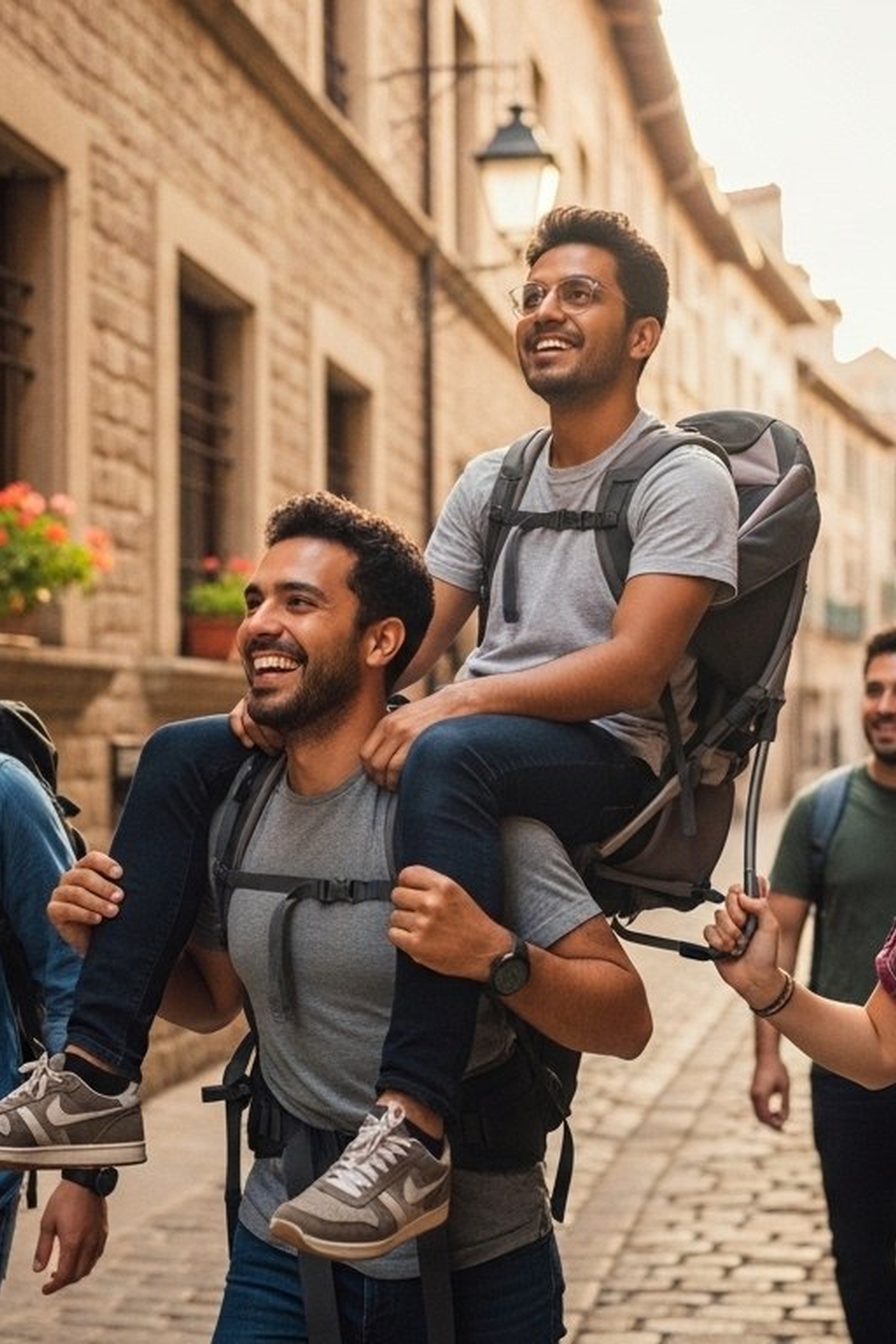 Man carried in custom backpack by friend through ancient cobblestone street abroad