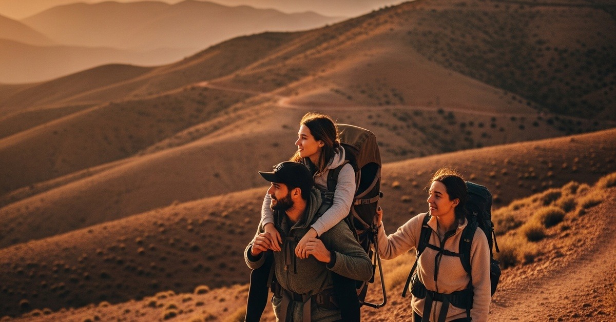 Group of friends taking turns carrying companion in backpack on rugged hillside trail