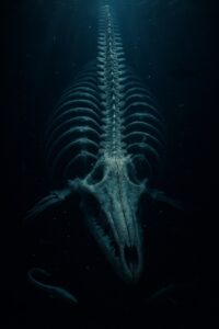 Massive whale skeleton resting on dark ocean floor surrounded by glowing deep sea creatures