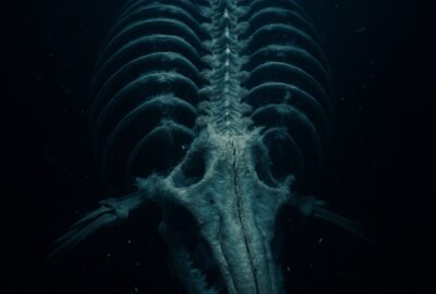 Massive whale skeleton resting on dark ocean floor surrounded by glowing deep sea creatures