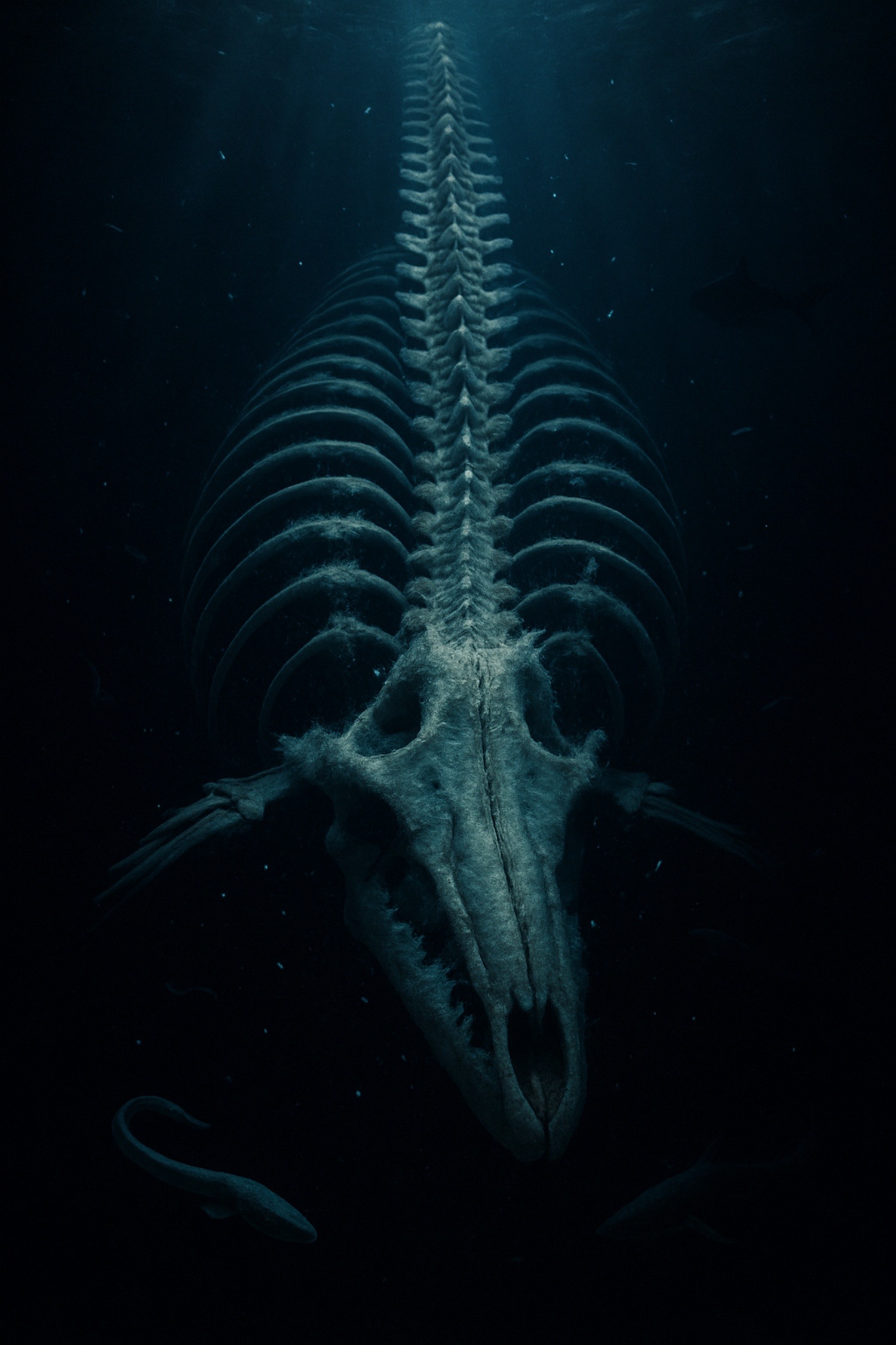 Massive whale skeleton resting on dark ocean floor surrounded by glowing deep sea creatures
