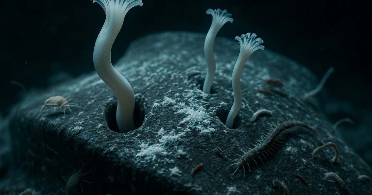 Close-up of bone-eating Osedax worms drilling into a whale skeleton in deep ocean darkness