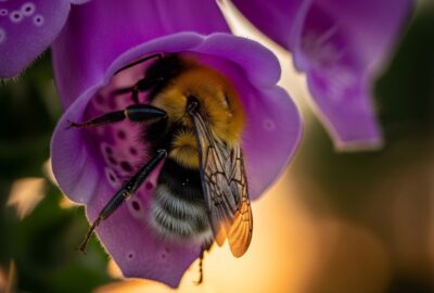 A fuzzy bumblebee nestled deep inside a purple foxglove flower at dusk