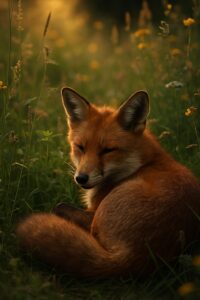 A red fox curled peacefully in a lush green garden at dusk, eyes half-closed