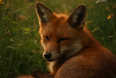 A red fox curled peacefully in a lush green garden at dusk, eyes half-closed