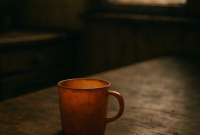 A single small orange plastic cup sitting alone on a worn kitchen countertop at dusk