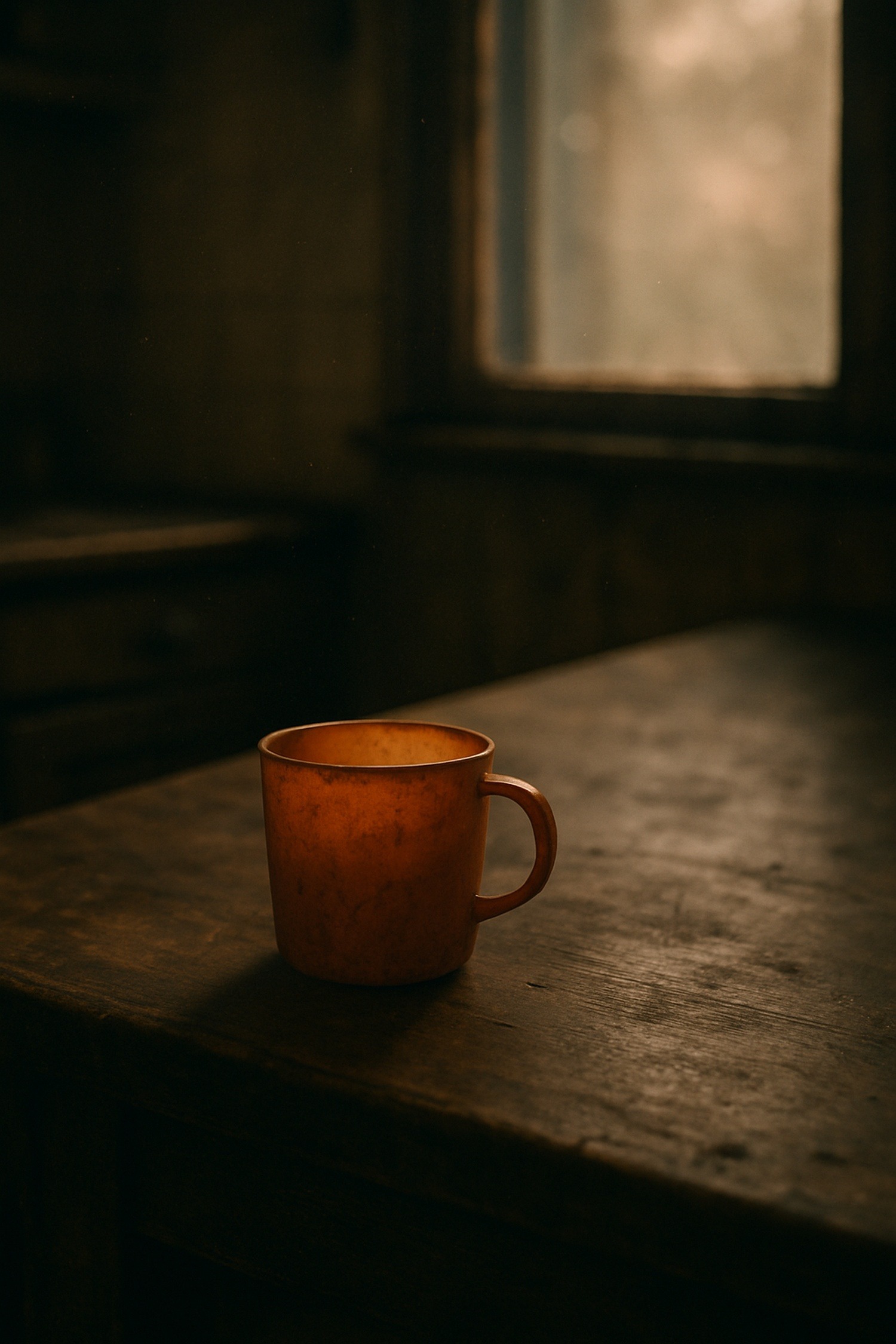 A single small orange plastic cup sitting alone on a worn kitchen countertop at dusk