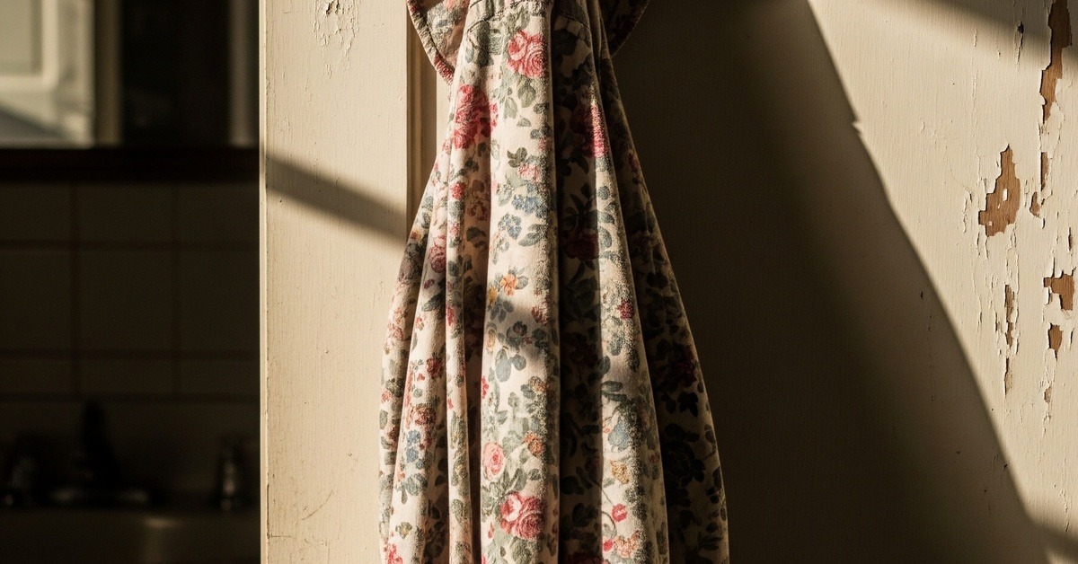 An old housecoat hanging on a bathroom door in soft fading afternoon light