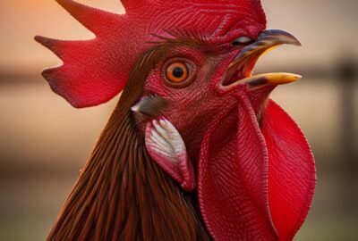 Extreme close-up of a rooster mid-crow, beak open wide, vibrant red comb glowing in golden morning light