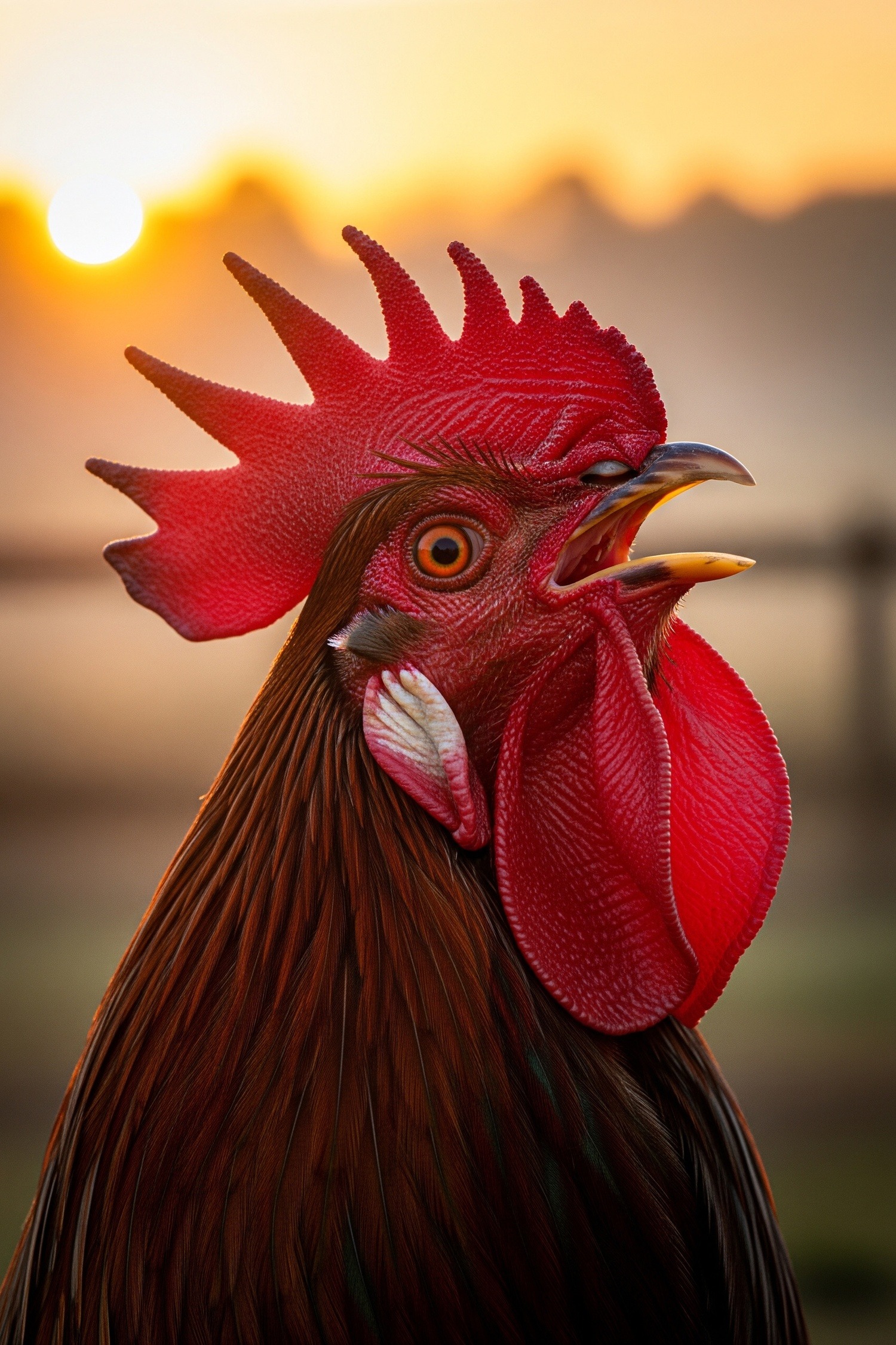Extreme close-up of a rooster mid-crow, beak open wide, vibrant red comb glowing in golden morning light