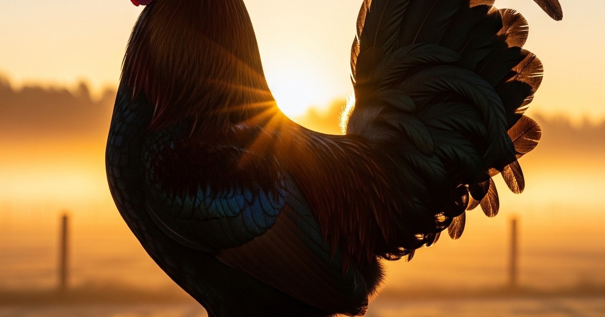 Side profile of a rooster crowing at dawn, feathers ruffled, misty farm background in early light