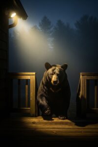 A black bear stands at the edge of a suburban backyard at night under a motion sensor light
