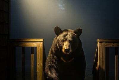 A black bear stands at the edge of a suburban backyard at night under a motion sensor light