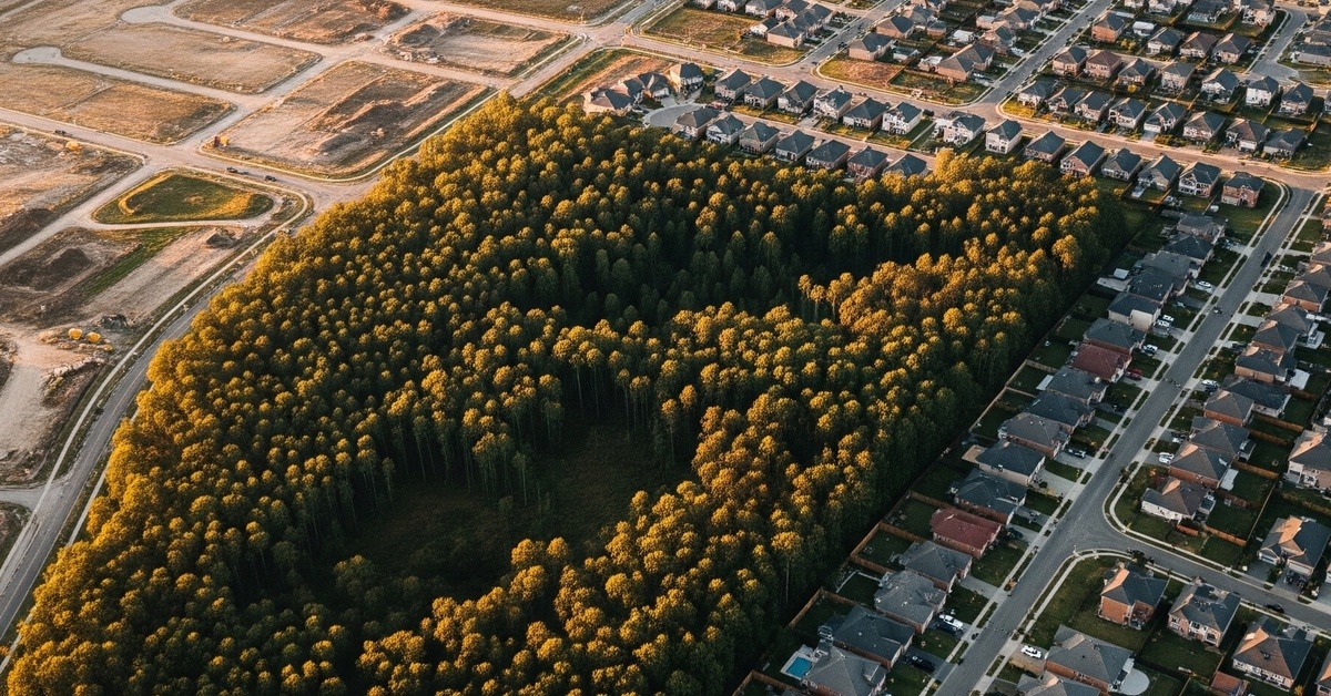 Aerial view of fragmented forest patches surrounded by suburban housing developments