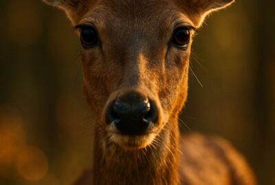 Intense close-up wildlife portrait showing a wild animal gazing directly into the camera lens