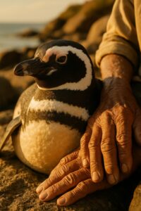 Magellanic penguin Dindim sitting loyally beside elderly Brazilian fisherman João on rocky shore