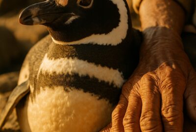 Magellanic penguin Dindim sitting loyally beside elderly Brazilian fisherman João on rocky shore