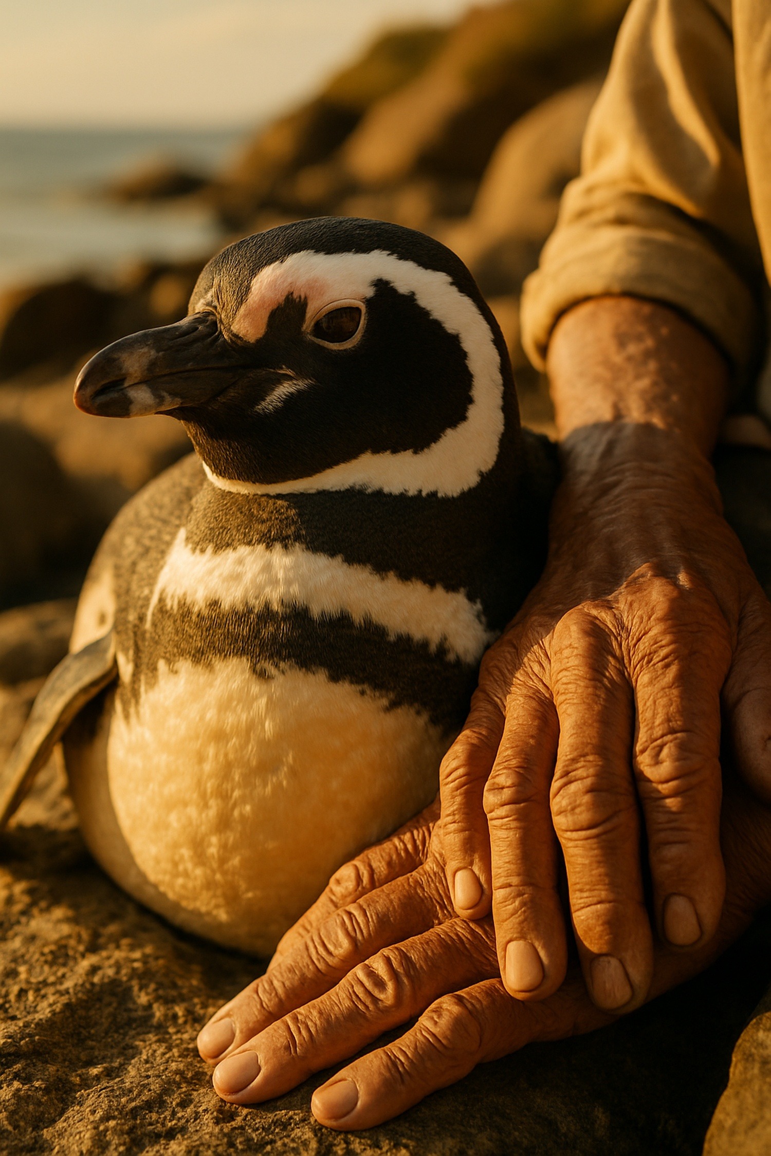 Magellanic penguin Dindim sitting loyally beside elderly Brazilian fisherman João on rocky shore