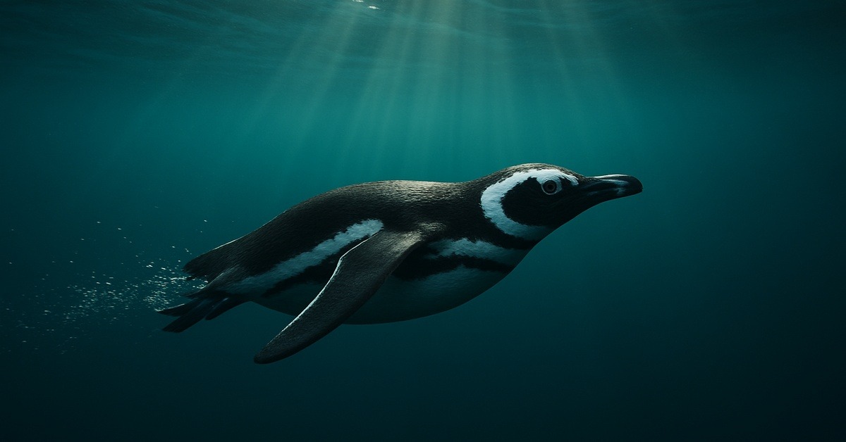Magellanic penguin swimming through deep blue Atlantic Ocean on long migration journey