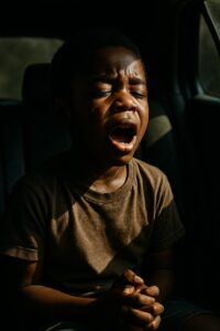 Young African American boy singing with courage inside a moving car, dramatic light