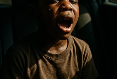 Young African American boy singing with courage inside a moving car, dramatic light