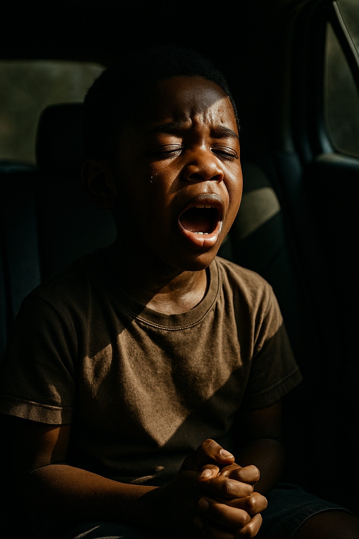 Young African American boy singing with courage inside a moving car, dramatic light