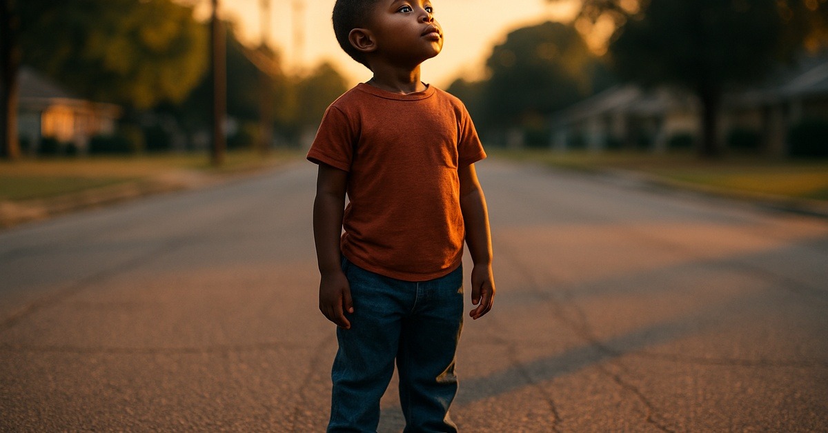 Child standing alone on a Georgia street after escape, golden hour light behind him